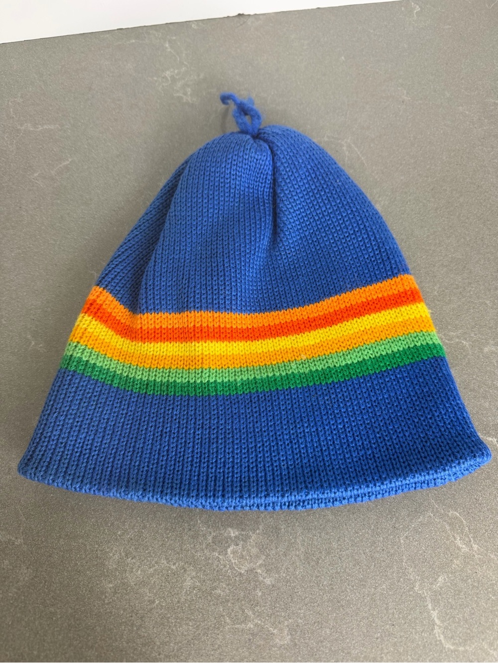 Vintage Blue Knit hat with Orange-Yellow-Green rainbow Stripes OS